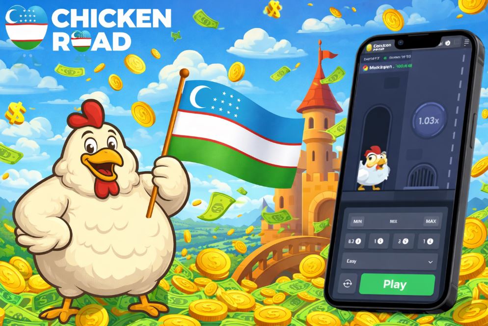 Chicken Road chicken holding a responsible gaming shield next to a phone with the game open